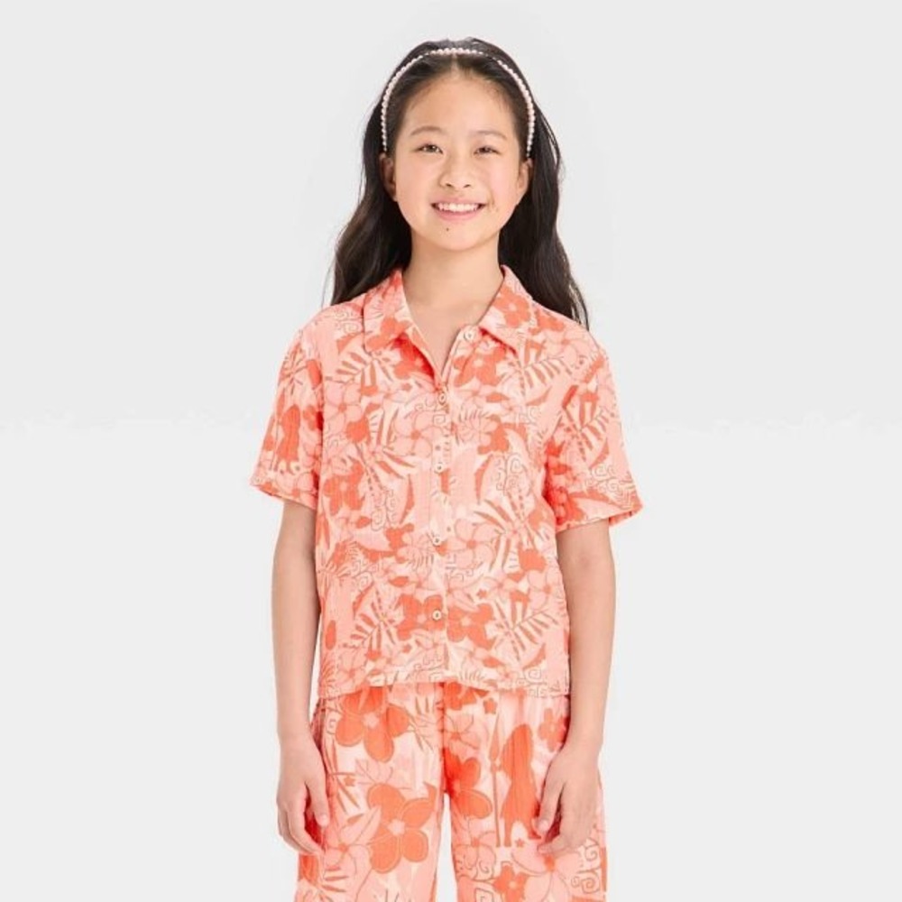 Disney Moana 2 Girls Small Peach Tropical Floral Cotton Gauze Shirt Shorts Set S